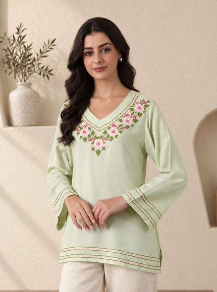 Qazmi Women's Ariana Kashmiri Embroidered V-Neck Short Kurti