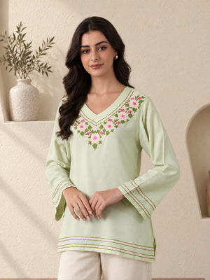 Qazmi Women's Ariana Kashmiri Embroidered V-Neck Short Kurti