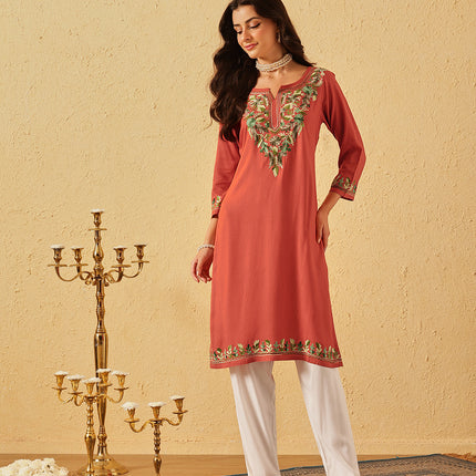 Qazmi Women's Noor Kashmiri Aari Work Straight Kurta