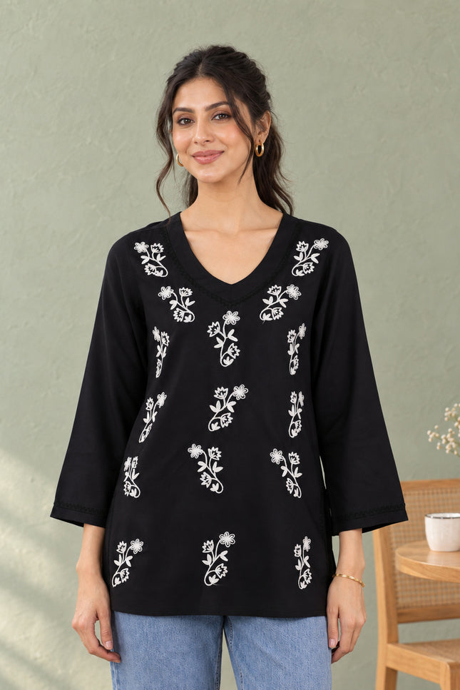 Qazmi Women Kashmiri Aari Embroidered Viscose Rayon Flared Sleeves Short Kurti