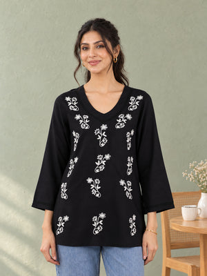 Qazmi Women Kashmiri Aari Embroidered Viscose Rayon Flared Sleeves Short Kurti