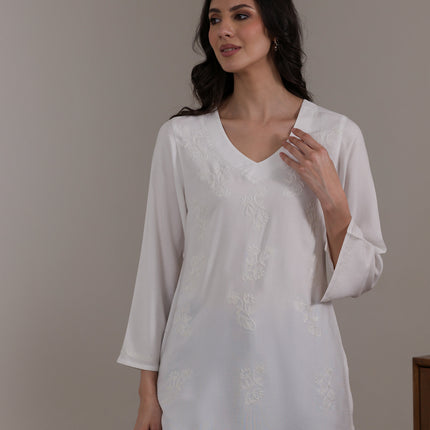 Qazmi Women Kashmiri Aari Embroidered Viscose Rayon Flared Sleeves Short Kurti