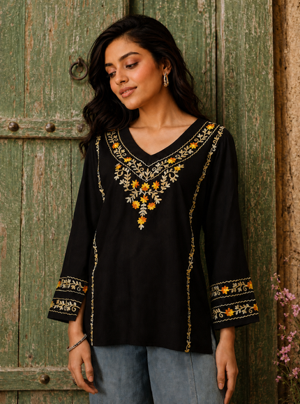 Qazmi Women's Amina Kashmiri Embroidered V-Neck Short Kurti