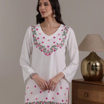 Qazmi Women's Aari Embroidered Viscose Rayon Full Sleeves Straight Kurti