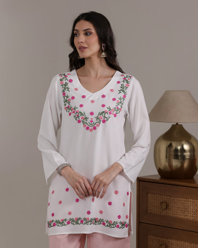 Qazmi Women's Aari Embroidered Viscose Rayon Full Sleeves Straight Kurti