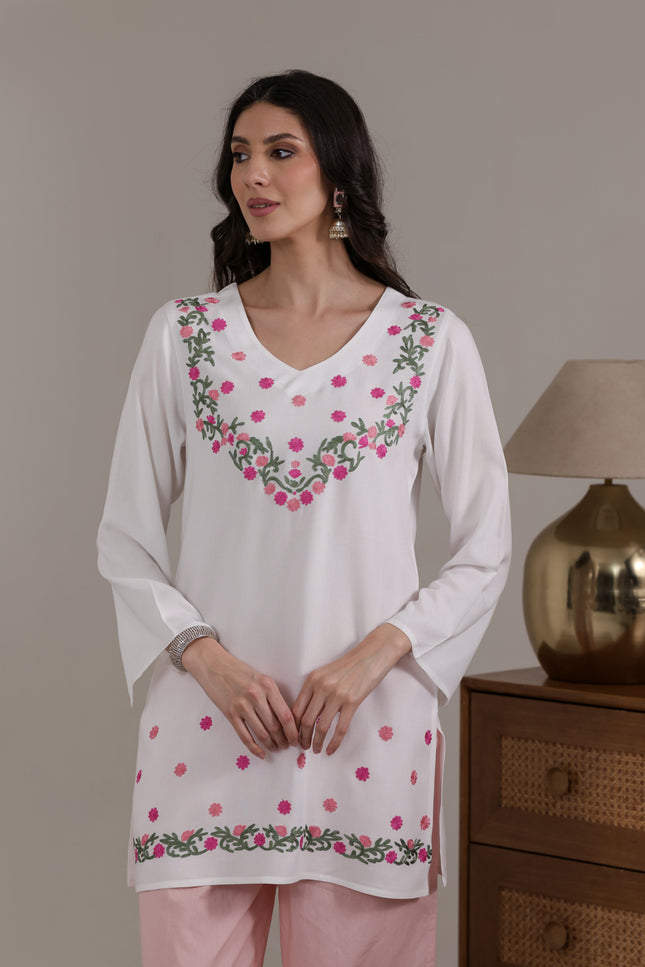 Qazmi Women's Aari Embroidered Viscose Rayon Full Sleeves Straight Kurti