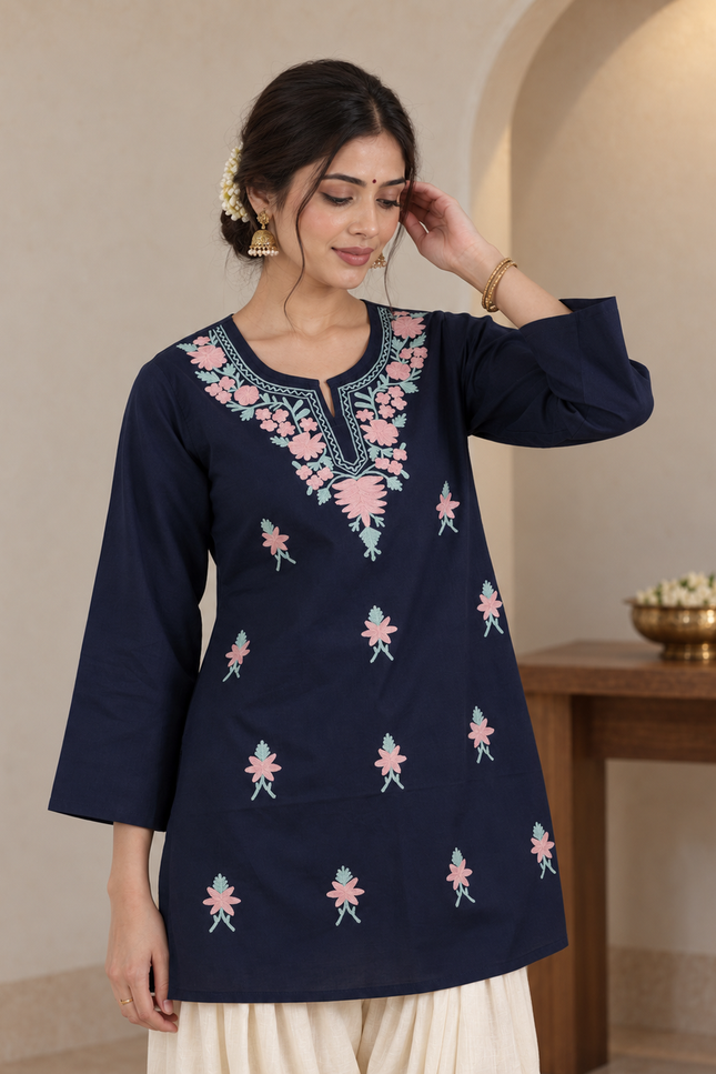 Qazmi Women's Aari Embroidered Pure Cotton Short Kurta