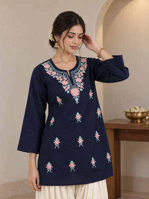 Qazmi Women's Aari Embroidered Pure Cotton Short Kurta