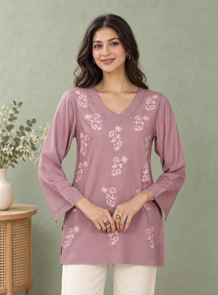 Qazmi Women Kashmiri Aari Embroidered Viscose Rayon Flared Sleeves Short Kurti
