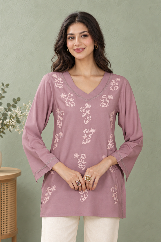 Qazmi Women Kashmiri Aari Embroidered Viscose Rayon Flared Sleeves Short Kurti
