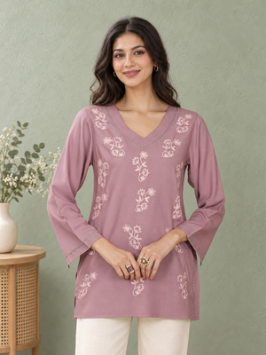Qazmi Women Kashmiri Aari Embroidered Viscose Rayon Flared Sleeves Short Kurti