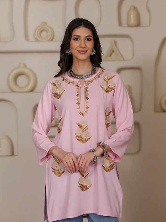 Qazmi Women Kashmiri Aari Embroidered Viscose Rayon Short Kurta
