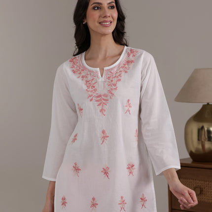Qazmi Women's Aari Embroidered Pure Cotton Short Kurta