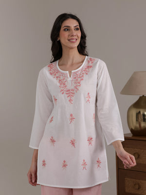 Qazmi Women's Aari Embroidered Pure Cotton Short Kurta