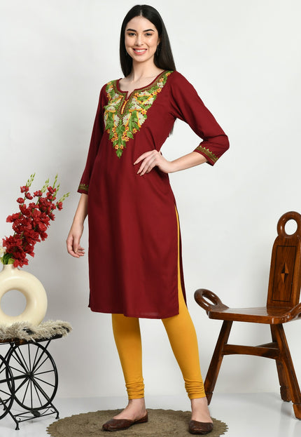 Maroon Multi Aari Long Kurti For Women