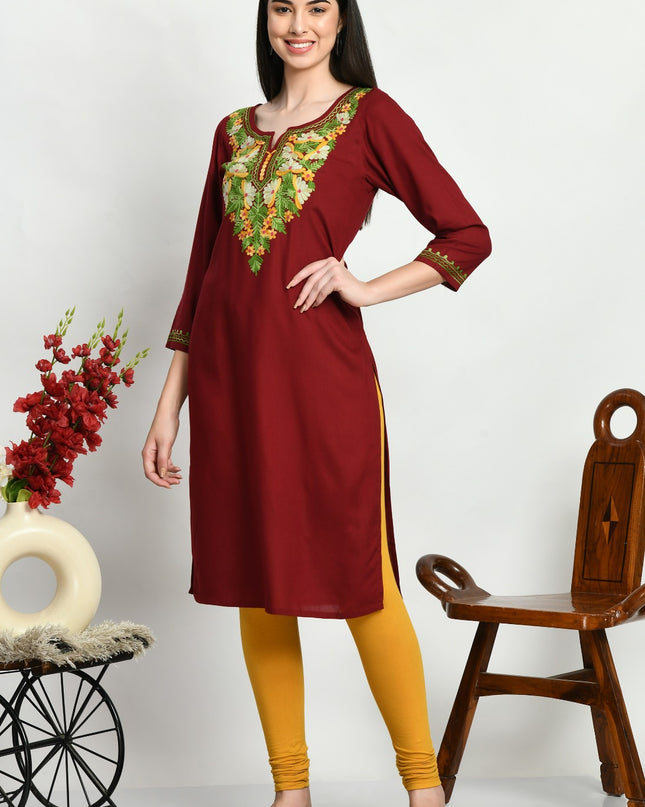 Maroon Multi Aari Long Kurti For Women