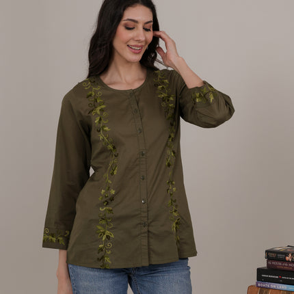 Qazmi Women Aari Embroidered Pure Cotton Mandarin Collar Top