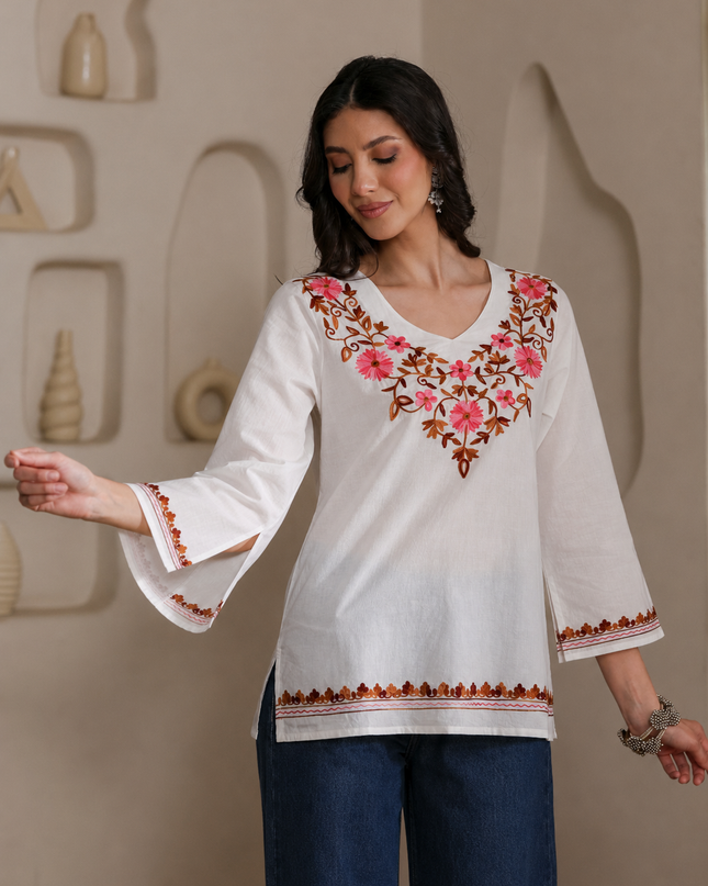 Qazmi Women's Nafisa Kashmiri Aari Work V-Neck Blue Kurti