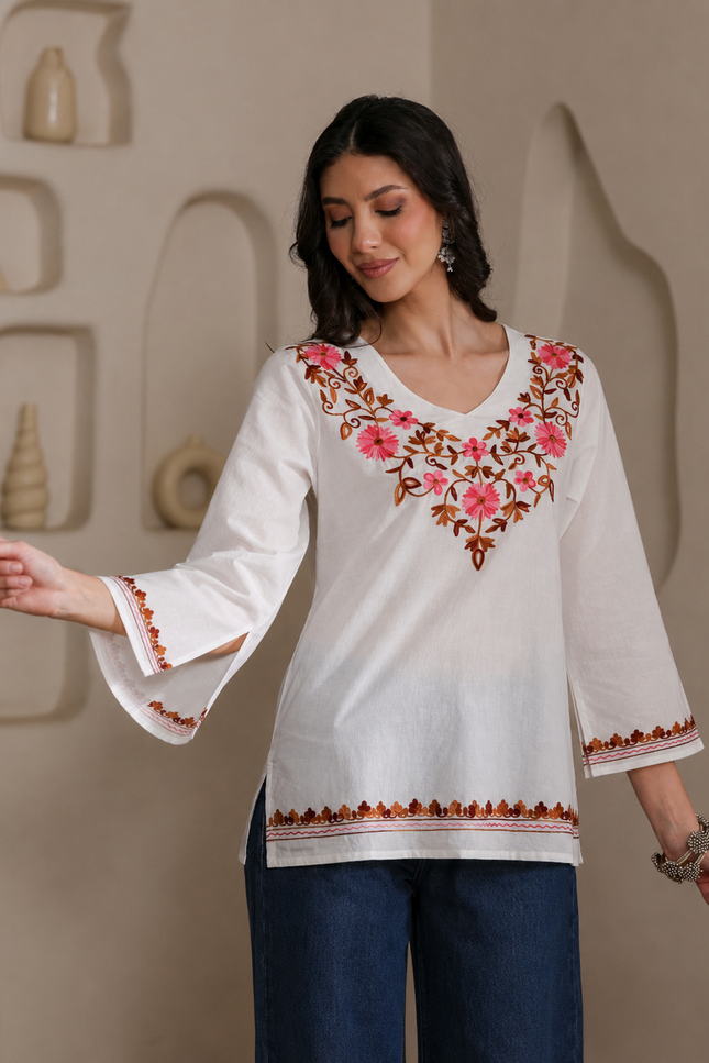 Qazmi Women's Nafisa Kashmiri Aari Work V-Neck Blue Kurti