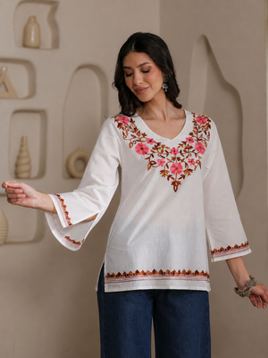 Qazmi Women's Nafisa Kashmiri Aari Work V-Neck Blue Kurti