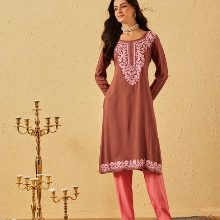 Qazmi Women's Firdousi Kashmiri Aari Work Brown Straight Kurta