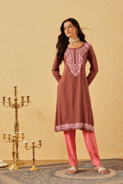 Qazmi Women's Firdousi Kashmiri Aari Work Brown Straight Kurta
