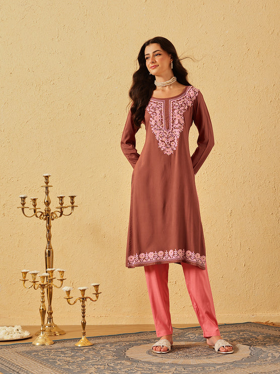 Qazmi Women's Firdousi Kashmiri Aari Work Brown Straight Kurta