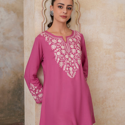 Qazmi Women's Kashmiri A-Line Full Sleeves Viscose Rayon Black Flared Short Kurti