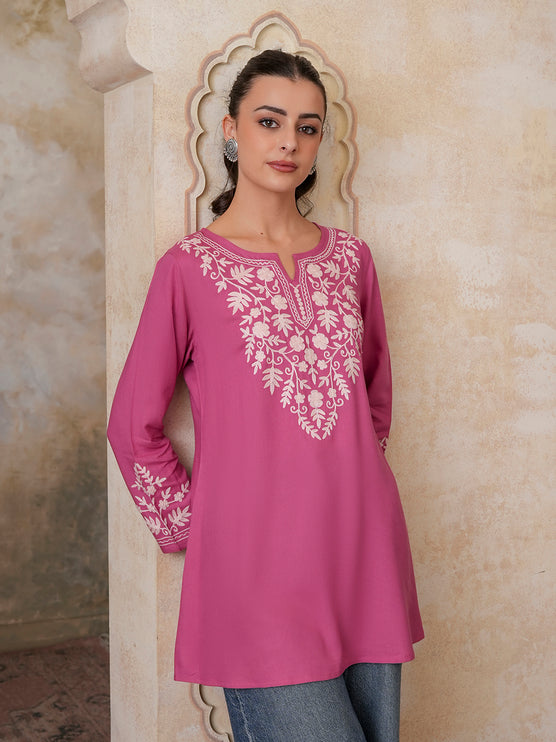 Qazmi Women's Kashmiri A-Line Full Sleeves Viscose Rayon Black Flared Short Kurti