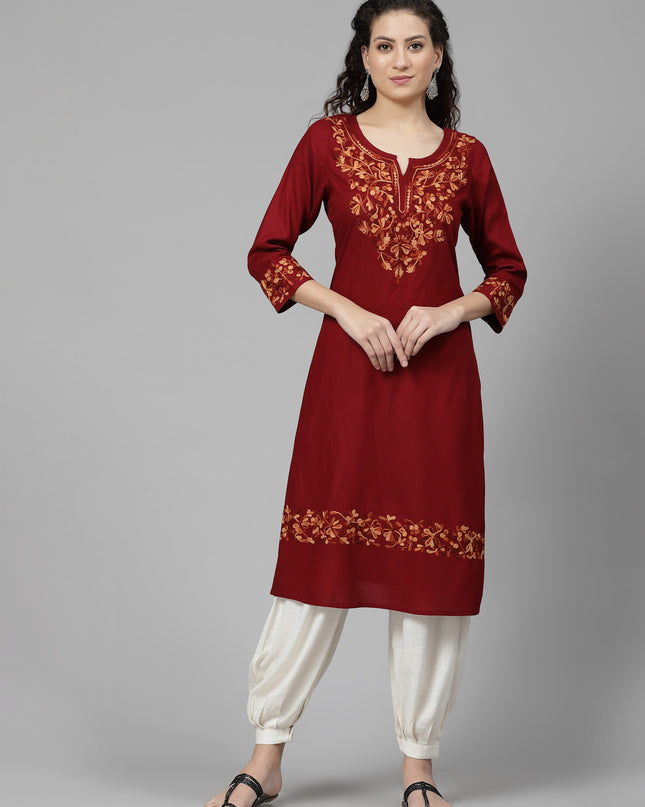 Maroon A-Line Aari Long Kurti For Women
