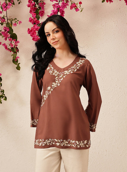 Qazmi Women's Jina V-Neck Kashmiri Aari Work Full Sleeves Kurti
