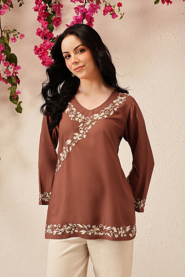 Qazmi Women's Jina V-Neck Kashmiri Aari Work Full Sleeves Kurti