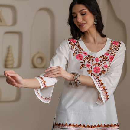 Qazmi Women's Nafisa Kashmiri Aari Work V-Neck Blue Kurti