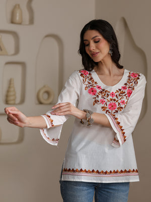 Qazmi Women's Nafisa Kashmiri Aari Work V-Neck Blue Kurti