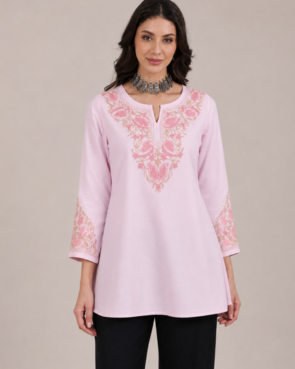 Qazmi Women Aari Embroidered Viscose Rayon A-Line Short Kurti with Full Sleeves