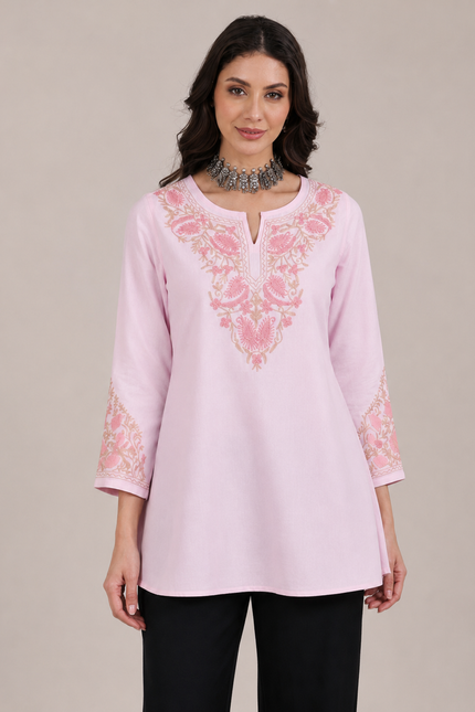 Qazmi Women Aari Embroidered Viscose Rayon A-Line Short Kurti with Full Sleeves