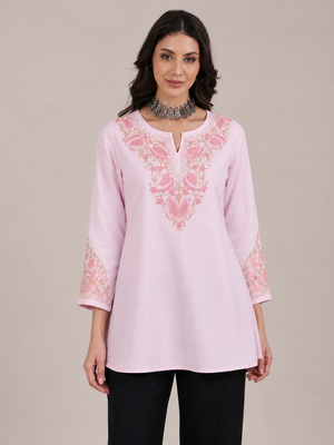 Qazmi Women Aari Embroidered Viscose Rayon A-Line Short Kurti with Full Sleeves