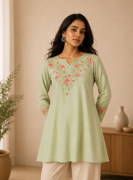 Qazmi Women's Kashmiri A-Line Light Pink Kurti