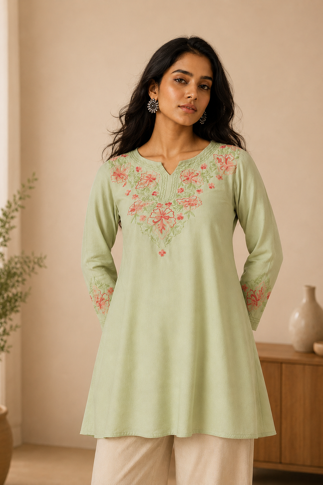 Qazmi Women's Kashmiri A-Line Light Pink Kurti