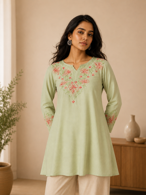 Qazmi Women's Kashmiri A-Line Light Pink Kurti