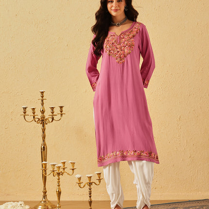 Qazmi Women's Huma Kashmiri Aari Work Keyhole Neck Pink Straight Kurta