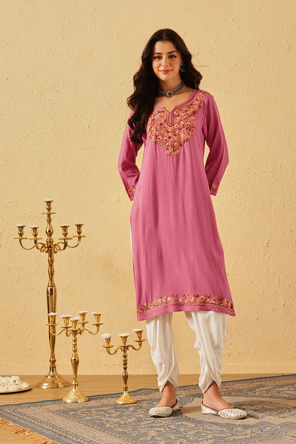 Qazmi Women's Huma Kashmiri Aari Work Keyhole Neck Pink Straight Kurta