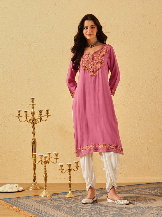 Qazmi Women's Huma Kashmiri Aari Work Keyhole Neck Pink Straight Kurta