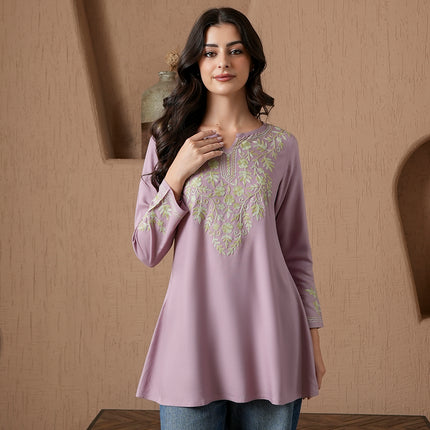 Qazmi Women's Kashmiri A-Line Full Sleeves Viscose Rayon Black Flared Short Kurti