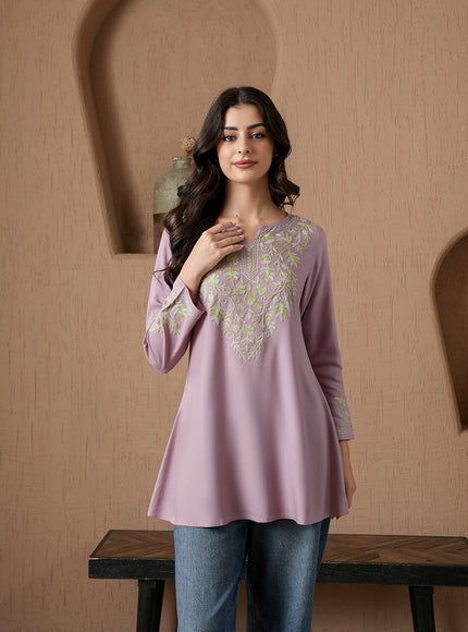 Qazmi Women's Kashmiri A-Line Full Sleeves Viscose Rayon Black Flared Short Kurti