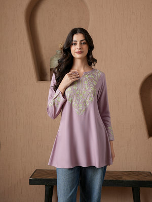 Qazmi Women's Kashmiri A-Line Full Sleeves Viscose Rayon Black Flared Short Kurti