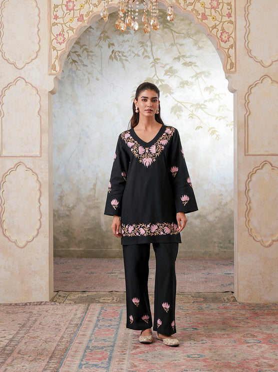 Qazmi Women's Kashmiri Chinarkari Work Olive Green CoOrd Set