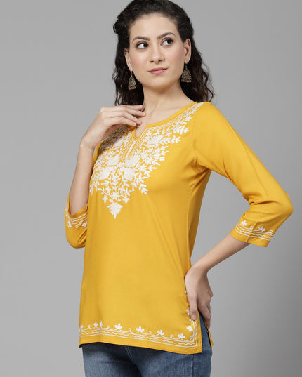 Musturd White Aari Short Kurti For Women