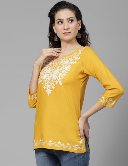 Musturd White Aari Short Kurti For Women