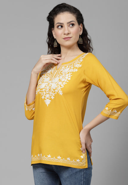 Musturd White Aari Short Kurti For Women